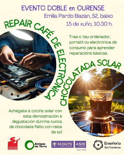 Cartel cos datos do repair café e chocolatada solar
