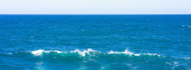 Blue ocean with small waves breaking on the surface under a clear sky, horizon line visible where the sea meets the sky.