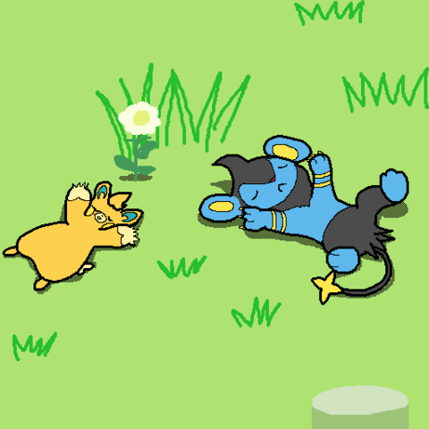 pawmo and luxio sleeping on the grass