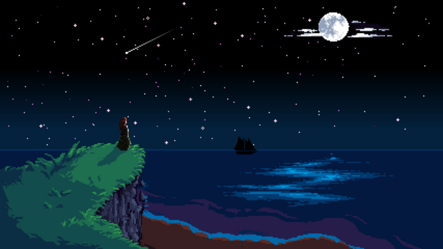 A pixel art nighttime scene, looking out onto the ocean. A woman stands on a grassy hill facing the ocean, the face of which is a sheer rock cliff leading directly down to the beach below. A ship on the horizon is sailing away. The moon is full, with a few clouds surrounding it. There is a shooting star streaking across the star-filled sky.