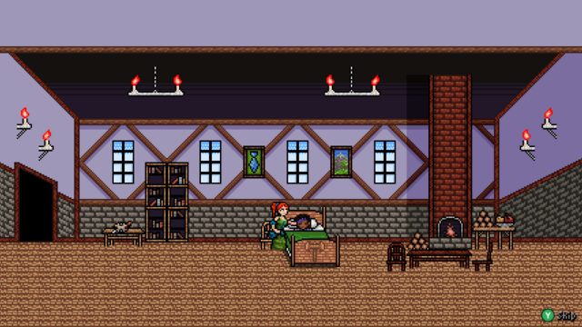 A scene inside what appears to be a tudor-style house with purple walls, gray bricks, and timber framing. Zalia lies in bed, her eyes closed. Esme, a white, red-headed woman, sits on a chair next to her bed, tenderly brushing a lock of purple hair out of Zalia's face.