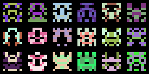 a 6x3 grid of multicolored 8x8 pixel aliens a la space invaders