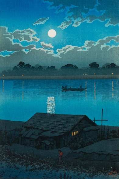 A bright full moon shines down on the Arakawa River, in Akabane. On this side of the river, a lone female figure carrying a child on her back walks down a short incline toward a single-story wooden house standing on the riverbank. Warm yellow light glows in the windows of the little house. Beyond, a small open wooden boat makes its way along the calm river, its cargo covered by a tarp, its pilots reduced to silhouettes in the gloom. On the other side of the river, more lights shine in the windows of houses, details of their shapes lost in shadows under tall trees. Above, a low full moon dominates the starless night sky, silvering tattered clouds.