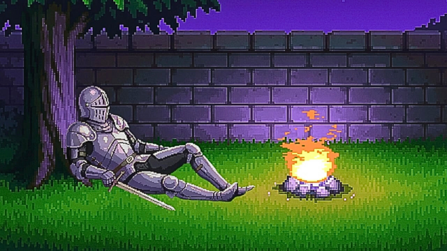 A pixel art scene featuring a medieval knight resting beside a glowing campfire in a tranquil forest. The knight enjoys a peaceful moment under a starry night sky, surrounded by the calm of nature. This serene setting captures the essence of relaxation and fantasy.