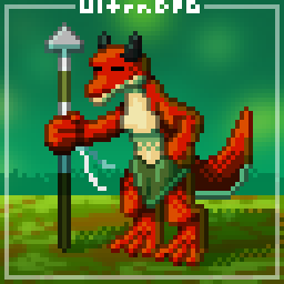 Pixel art of a red kobold wearing a green loincloth. He's holding a spear and seems to be guarding something.