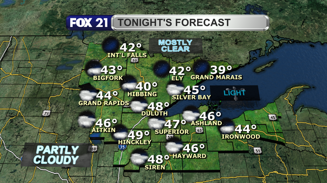 It will be a hazy Wednesday night in the Northland due to wildfire smoke, with a few clouds otherwise.  Winds will be light as they shift to the northeast.  Low temperatures will be seasonal in the 40s and low 50s.