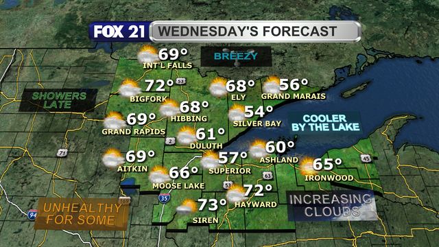 Winds will be coming off Lake Superior Thursday, which will help to push some of the wildfire smoke out of the Northland.  It will also cool temperatures to the 60s for most highs.  Clouds will be increasing throughout the day, but showers and thunderstorms hold off until Thursday night.