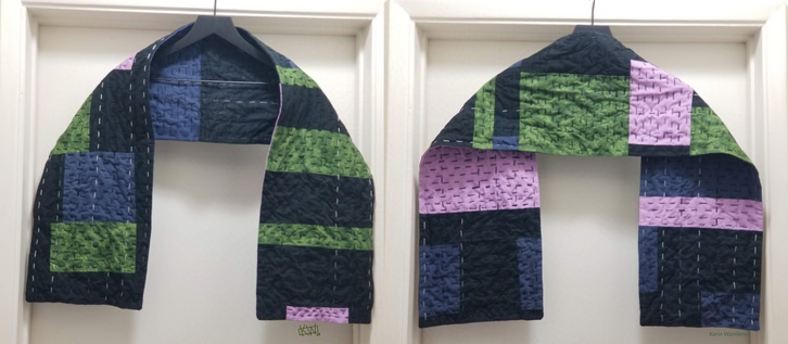 Side by side photos of a green-blue-purple-black patchwork scarf, draped over a hanger to display the rows and rows of running stitches in black thread.