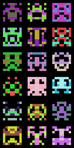 a 3x6 grid of multicolored 8x8 pixel aliens a la space invaders