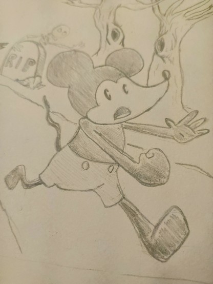 Pencil sketch of Mickey the Mouse running from monsters