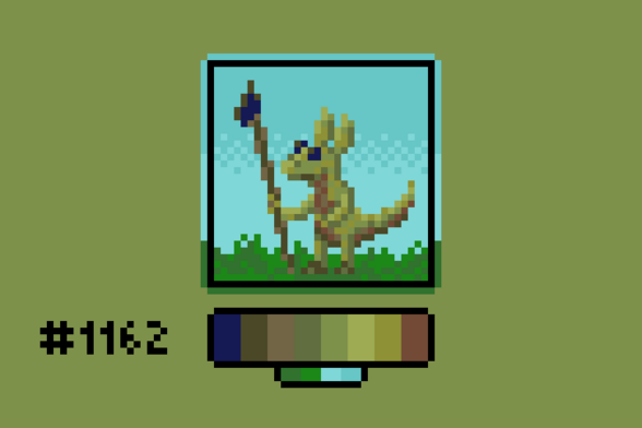 Pixel art of a kobold, a small greenish reptile that kinda looks like a kangaroo but with big eyes and a spear.