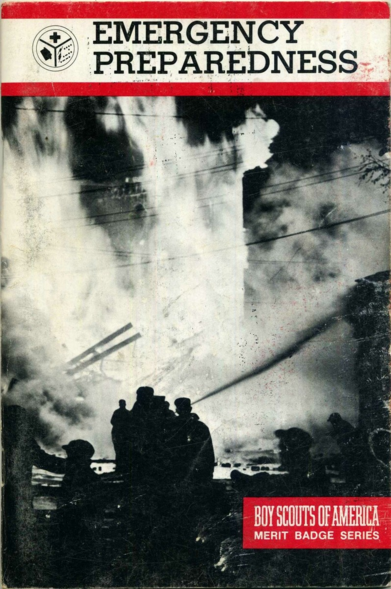Boy Scouts of America [sic] manual for the Emergency Preparedness merit badge. This document contains information about the requirements of the merit badge and basic information about its subject, with work to be done by the Scout (and their instructors, if any) to flesh out the rest of their education on the subject matter.

Dramatic photo of a group of firefighters standing before an inferno, casting them in dramatic silhouette.