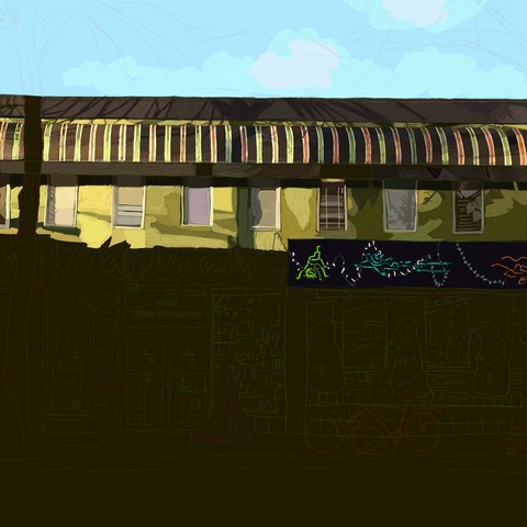 The green wall of the upstairs is coloured in as are the windows that line the wall. Below I've rendered the neon sign of playful figures. The sign is draped in white fairy lights.