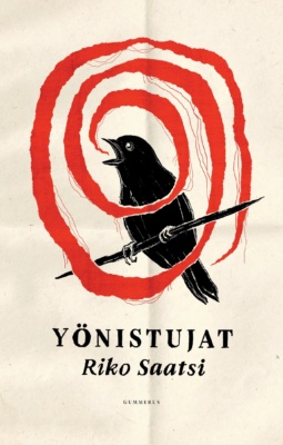 Yönistujat-kirjan kannessa on oksalla istuva musta lintu, jonka suusta lähtee punainen spiraali.