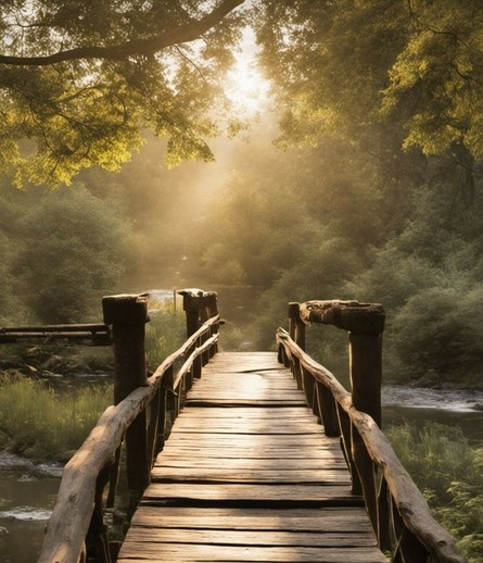 Eine alte Holzbrücke führt über ein Gewässer im Wald.
Sie scheint in einen im Morgendunst liegenden, 
von der Sonne beschienenen Waldbereich zu führen. 
Quelle: Bridge Over A Stream at Sunset, Pinterest
