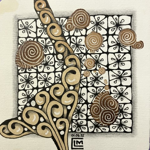 Finished tile with black and white ink and completed graphite shading