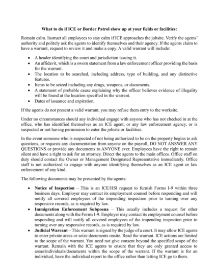 Page 1 of “What to do if ICE or Border Patrol show up at your fields or facilities,” posted on June 10, 2025 by Rep Jimmy Panetta.