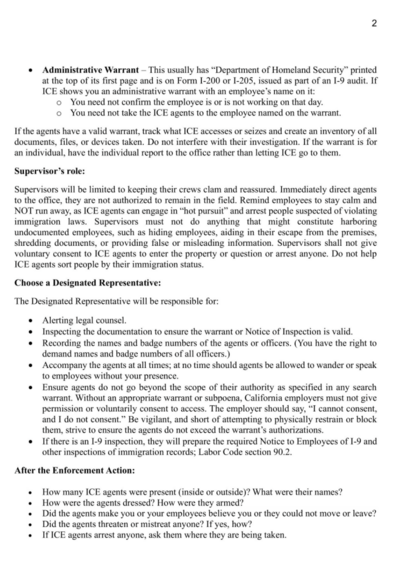 Page 2 of “What to do if ICE or Border Patrol show up at your fields or facilities,” posted on June 10, 2025 by Rep Jimmy Panetta.