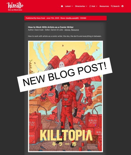 Screenshot of a blog post titled "How to Work With Artists as a Comic Writer" featuring a comic book cover with the title "Killtopia" and a "NEW BLOG POST!" banner across the image.