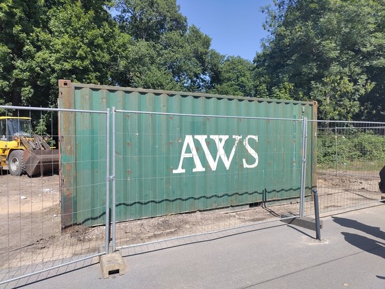 a green container with AWS on it