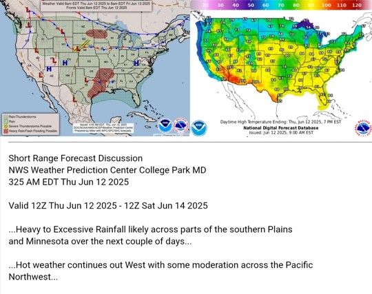 Valid 12Z Thu Jun 12 2025 - 12Z Sat Jun 14 2025

...Heavy to Excessive Rainfall likely across parts of the southern Plains
and Minnesota over the next couple of days...

...Hot weather continues out West with some moderation across the Pacific
Northwest...