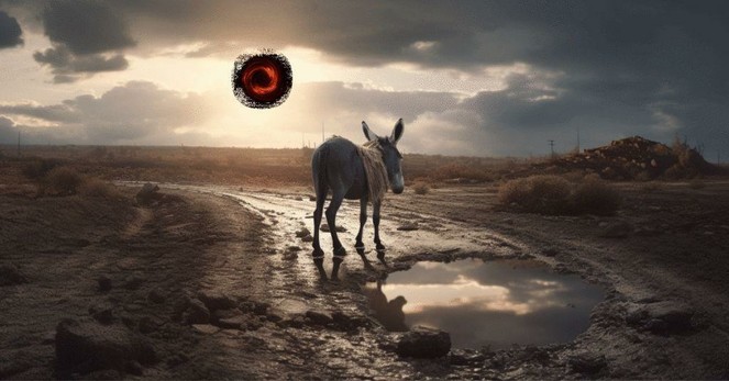 An image of a donkey, facing away from the viewer, near a giant water-filled pothole in a desolate landscape with a black hole rotating in the sky.