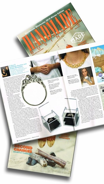 A copy of Handmade Magazine from 2018 is opened to an article about Xover0 Jewelry. Other copies of the magazine are stacked underneath.
