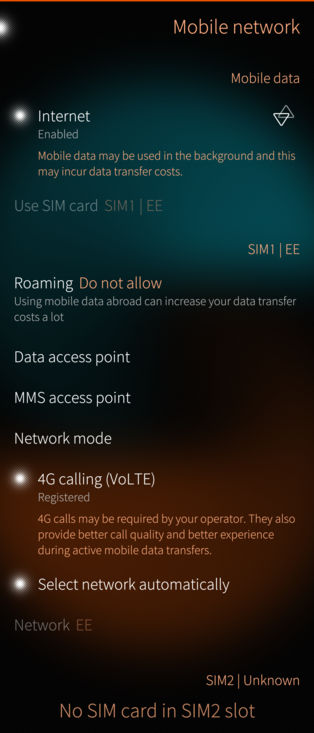 A screenshot fron a sony Xperia phone running SailfishOS showing that it is able to utilise  voice over L.T.E. Technology for phone calls
