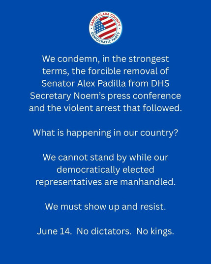 Z "’o(.“ﬂ o We condemn, in the strongest terms, the forcible removal of Senator Alex Padilla from DHS Secretary Noem’s press conference and the violent arrest that followed. What is happening in our country? We cannot stand by while our democratically elected representatives are manhandled. We must show up and resist. June 14. No dictators. No kings.