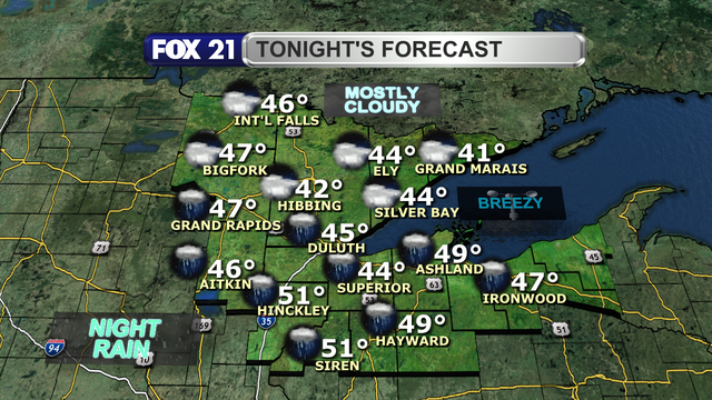 Rain will be likely along and south of Highway 2 in the Northland Thursday night, with mostly cloudy skies elsewhere.  Winds will remain breezy as low temperatures will cool to the 40s.