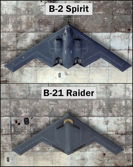 The image features two distinct military aircraft models, the B-2 Spirit and the B-21 Raider, displayed side by side against a concrete wall background. The B-2 Spirit, positioned at the top, is characterized by its dark, sleek, and bat-wing design, known for its stealth capabilities. Below it, the B-21 Raider showcases a similar yet slightly more modern and streamlined design, also emphasizing stealth features. Both aircraft are labeled with their respective names in white text boxes above each image. The overall theme of the image highlights the evolution and advanced technology in military aviation.