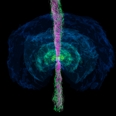 Still from a numerical relativity simulation showing a black hole with a jet surrounded by matter.