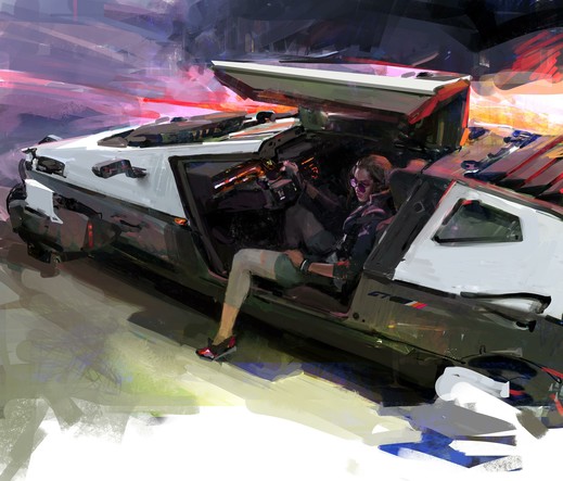 John Wallin Liberto, video games, artwork, women, digital art, video game art, fan art, video game girls, sitting, cyberpunk, futuristic, Cyberpunk 2077, ArtStation
