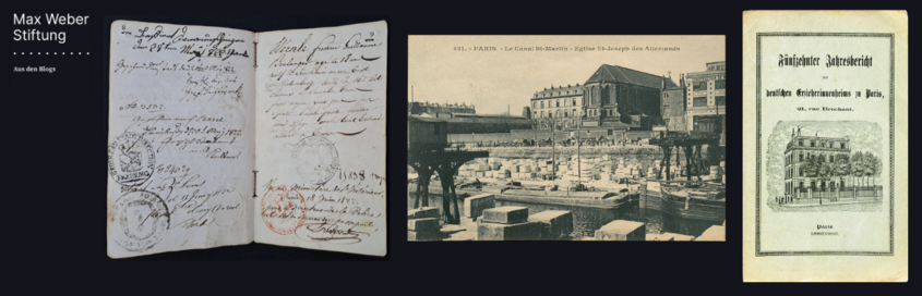 Ausstellungsstücke sind handschriftliche Notizen in einem Buch, eine Postkarte "Église St Joseph des Allemands"und der Fünfzehnte Jahresbericht des deutschen Erzieherinnenheims in Paris