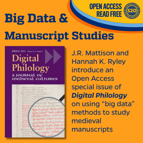 Big Data and Manuscript Studies
J.R. Mattison and Hannah K. Ryley introduce an Open Access special issue of  Digital Philology on using “big data”
methods to study medieval manuscripts
Illustrated with the cover art from the new issue of Digital Philology 
Read free S2O open access