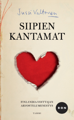 Siipien kantamat -romaanin kannessa on vaaleanruskeaan pohjaan revitty sydämen muotoinen reikä, jonka alta näkyy punaista väriä.