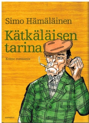 Kätkäläisen tarina -kirjan kannessa on piirros Kätkäläisestä: lätsään ja vihreään takkiin pukeutuneesta vanhemmasta miehestä, joka polttaa tupakkaa.