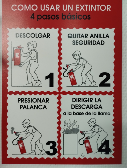 instruction poster 4steps: take extinguisher, pull security pin, press handle