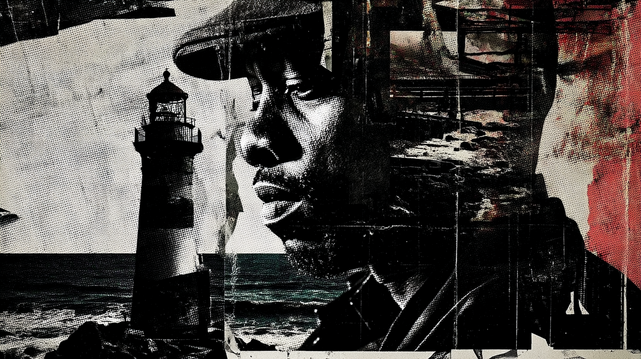 Le Silence du Phare.
Portrait en double exposition d’un homme pensif fusionné avec un phare battu par les vagues, dans un style collage noir et blanc granuleux.
Double exposure portrait of a pensive man merged with a lighthouse battered by waves, in a gritty black-and-white collage style.