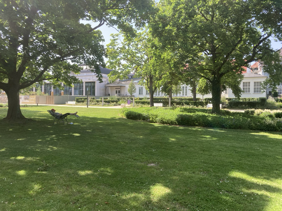 Die Aufnahme zeigt einen Teil des Kurparks. Unser Spielort. Komplett im Schatten großer Bäume.