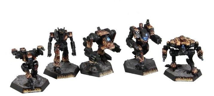 A Star of Clan Hell's Horses 'Mechs that are painted black and decorated with hot rod flames from daydreams of ZZ Top. The minis are in a line, in a white void.

From left to right: Fire Moth, Pack Hunter, Nova, Huntsman, Cougar.