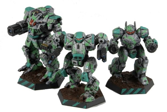 Three Points in a grey-green camouflage and jade trims for Clan Jade Falcon's Gamma Galaxy's 3rd Falcon Talon Cluster. The minis are place in a row in a white void.

From left to right: Kingfisher, Nova Cat, Crossbow.