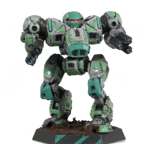 A Clan Jade Falcon's Nova Cat painted in a grey-green camo, placed in a white void. The mini is seen from a low front angle.