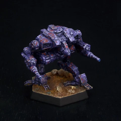 A painted miniature of a Cougar 'Mech.  It is painted in a predominantly purple camo pattern with dots of lighter purple and rust red.  The cockpit glass is pink.