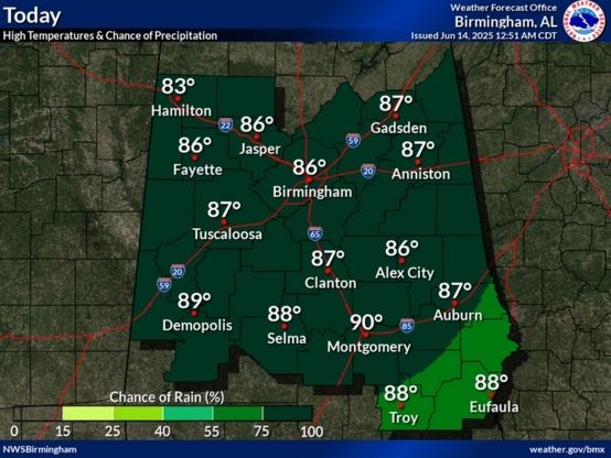 Very good chances of showers and thunderstorms during the afternoon and early evening. Highs in the mid to upper 80s.