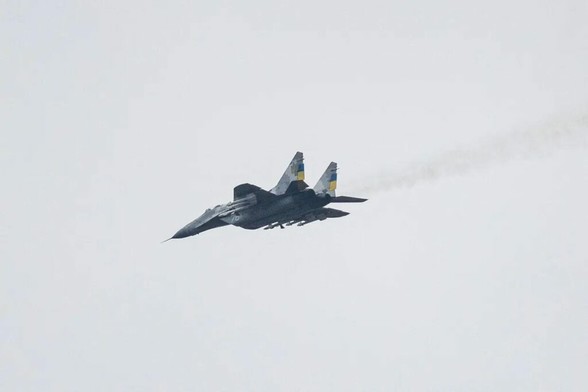A MIG-29 Ukrainian fighter jet flying over eastern Ukraine
