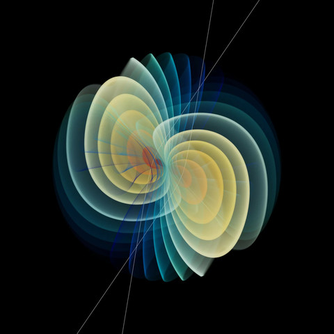 Visualization of the calculated gravitational waves triggered by the scattering of two black holes. 

Precise models of high-velocity black hole encounters 

The application of abstract mathematical structures to real-world phenomena provides new insights into gravitational waves An international research team, including scientists from the Max Planck Institute for Gravitational Physics in the Potsdam Science Park, is setting new standards in the modeling of high-speed encounters of black holes. The new method is based on – so far – abstract mathematical structures, the so-called Calabi-Yau spaces. Their application to real astrophysical phenomena now allows extremely accurate predictions of how black holes and neutron stars are deflected from their original orbits after an encounter. The study, published 14. Mai 2025 in Nature, comes at the right time to meet the growing demand for highly accurate theoretical predictions.

The results could be used to detect gravitational-wave signals in future observations of the current network of gravitational-wave detectors, with the planned third generation of ground-based observatories such as the Einstein Telescope and Cosmic Explorer, and with the space-based Laser Interferometer Space Antenna (LISA).

Credit:
Mathias Driesse/Humboldt University Berlin.
Working Group "Quantum Field and String Theory" @ Humboldt University