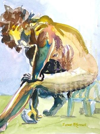 G.
Pedro Revisited Two.
A watercolour of a life model, seated on a stool with one hand on the floor, a side view painted from life sketches.
