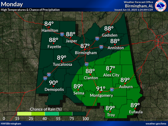 More showers and storms across the area on Monday. Confidence is high that much of the area will likely see activity in the afternoon. Highs in the mid to upper 80s, with a few locations near 90 degrees. .