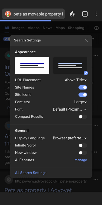the menu for search settings that comes up when you tap the cog (which is the usual symbol for settings) icon, the A I link is at the bottom of this menu